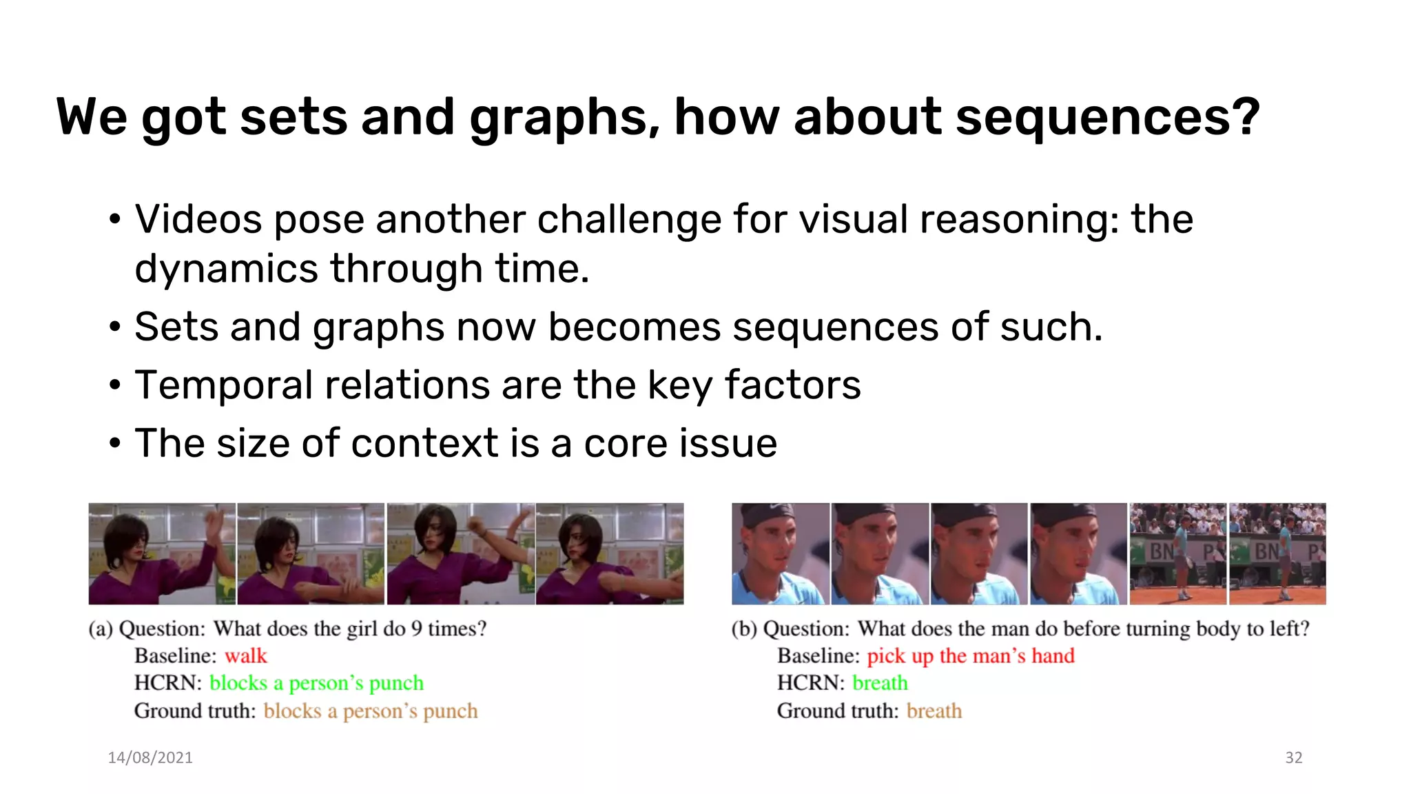 We got sets and graphs, how about sequences?
• Videos pose another challenge for visual reasoning: the
dynamics through time.
• Sets and graphs now becomes sequences of such.
• Temporal relations are the key factors
• The size of context is a core issue
14/08/2021 32
 