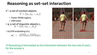Reasoning as set-set interaction
• : a set of context objects
• Faster-RCNN regions
• CNN tubes
• q: a set of linguistic objects L.
- biLSTM embedding of q
 Reasoning is formulated as the interaction between the two sets O and L
for the answer a
14/08/2021 10
 