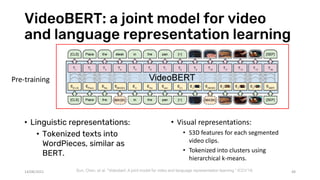 VideoBERT: a joint model for video
and language representation learning
48
Sun, Chen, et al. "Videobert: A joint model for video and language representation learning.“ ICCV’19.
• Linguistic representations:
• Tokenized texts into
WordPieces, similar as
BERT.
• Visual representations:
• S3D features for each segmented
video clips.
• Tokenized into clusters using
hierarchical k-means.
Pre-training
14/08/2021
 
