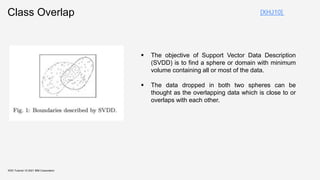 Class Overlap
KDD Tutorial / © 2021 IBM Corporation
[XHJ10]
 The objective of Support Vector Data Description
(SVDD) is to find a sphere or domain with minimum
volume containing all or most of the data.
 The data dropped in both two spheres can be
thought as the overlapping data which is close to or
overlaps with each other.
 