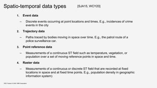 Spatio-temporal data types
1. Event data
– Discrete events occurring at point locations and times. E.g., incidences of crime
events in the city
2. Trajectory data
– Paths traced by bodies moving in space over time. E.g., the patrol route of a
police surveillance car.
3. Point reference data
– Measurements of a continuous ST field such as temperature, vegetation, or
population over a set of moving reference points in space and time.
4. Raster data
– Measurements of a continuous or discrete ST field that are recorded at fixed
locations in space and at fixed time points. E.g., population density in geographic
information system)
KDD Tutorial / © 2021 IBM Corporation
[SJA15, WCY20]
 