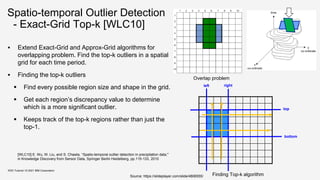 Spatio-temporal Outlier Detection
- Exact-Grid Top-k [WLC10]
 Extend Exact-Grid and Approx-Grid algorithms for
overlapping problem. Find the top-k outliers in a spatial
grid for each time period.
 Finding the top-k outliers
 Find every possible region size and shape in the grid.
 Get each region’s discrepancy value to determine
which is a more significant outlier.
 Keeps track of the top-k regions rather than just the
top-1.
KDD Tutorial / © 2021 IBM Corporation
left right
top
bottom
Overlap problem
Finding Top-k algorithm
Source: https://slideplayer.com/slide/4806555/
[WLC10] E. Wu, W. Liu, and S. Chawla, “Spatio-temporal outlier detection in precipitation data,"
in Knowledge Discovery from Sensor Data, Springer Berlin Heidelberg, pp.115-133, 2010
 