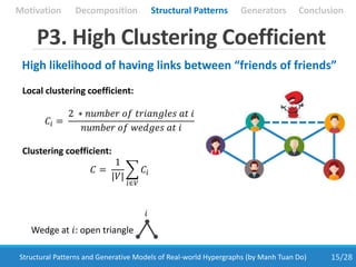 15/28Structural Patterns and Generative Models of Real-world Hypergraphs (by Manh Tuan Do)
P3. High Clustering Coefficient...