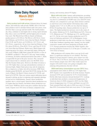 March - April 2021 • KDDC • Page 12
KDDC is supported in part by a grant from the Kentucky Agricultural Development Fund
Dixie Dairy Report
March 2021
Calvin Covington
Dairy product and milk prices. February prices for butter,
cheese, and nonfat dry milk powder (NDM), three of the four
dairy products used to calculate federal order class prices, were
all lower than a year ago and last month. The fourth product,
dry whey, continues to inch higher due to strong export demand.
Dry whey is now over $0.50/lb. and the highest price in nearly
four years. The March Class I Mover (based on February
product prices) is $15.20/cwt. The Mover is $0.34/cwt. lower
than February, and $2.26/cwt. lower than last March. February
Class II, III, and IV prices are $14.00/cwt., $15.75/cwt. and
$13.19/cwt., respectively. All are lower than last February. Class
II is down $2.84/cwt., Class III $1.75/cwt. and Class IV $3.01/
cwt. lower than last February. Better news, March began with
improving prices for cheese, and especially butter. During the
first week of March, CME butter gained $0.1955/lb. to close at
$1.6900/lb. on March 5. The end of “old crop” butter trading
on February 26 (butter manufactured before December 1, 2020)
is responsible for part of the price increase. Plus, increased
export interest due to a domestic price over $0.50/lb. lower
than the Oceania butter price. However, the butter inventory is
over 30% higher than a year ago and production continues at
historical highs. Higher butter prices may only be temporary.
Not as impressive as butter, but still an increase, CME block
cheddar gained $0.064/lb. and barrel $0.0375/lb. during the first
week of March. On March 5 block closed at $1.7325/lb. and
barrel at $1.5075/lb. There are various reports indicating cheese
demand is picking up due to reopening and expanded openings
of food service establishments. January cheese production
numbers show a mixed signal. American cheese production was
5% higher than last January, but Italian cheese production was
0.8% lower. NDM has shown some price weakness the last few
weeks. Exports were 10% lower in January compared to last
January, and inventory almost 9% higher.
More milk and cows. January milk production, according
to USDA, was 1.4% higher than last January. Higher production
was due to a combination of 85,000 more cows and 0.6% more
milk per cow, compared to a year ago. Dairy farmers continue
to send fewer cows to the butcher with January dairy cattle
slaughter down 7.1% or 21,200 cows less than last January.
Of the 24 reporting states, January production was up in 15
states. The highest production increases were in the center of
the country. Indiana up 10.1%, South Dakota up 9.6%, Texas up
5.3%, Minnesota up 5.7%, Michigan up 4.3%, and Wisconsin
up 3.1%. On the west coast, January production was 0.7%
lower in California and down 1.9% in Washington. Lower
production in both states was due to less milk per cow. Turning
to the three Southeast reporting states, January was the eighth
consecutive month with lower production in Florida, down
5.1%. Georgia production remains flat. While Virginia, after
showing production increases in 11 of the past 12 months, was
3.0% lower in January.
Milk production will continue above year ago levels until
there is a significant reduction in cow numbers. The Dairy
Margin Coverage program’s January gross margin was only
$7.14/cwt. This is $3.58/cwt. lower than last January, and the
lowest January margin since 2013. One would expect low
margins will result in more cows going to slaughter, thus
reducing milk production, but time will tell.
2020 total dairy consumption up over 2019. Dairy
consumption (total solids) in 2020 was 1.6% higher than
2019. Exports were responsible for all of the increase. Exports
increased 12.9% and accounted for 15.7% of total demand.
On the other hand, domestic demand declined 0.2%. Looking
at individual dairy products, commercial disappearance of
American cheese in 2020 compared to 2019 was flat. Other
cheese disappearance was 1% lower and butter was up 2.5%.
Total estimated fluid milk sales in 2020 were only 0.1% lower
than 2019. Conventional fluid sales were down 1%, but organic
DAIRY PRODUCTS SALES REPORT (DPSR) PRICES *
YEAR APPALACHIAN FLORIDA SOUTHEAST TOTAL
(average daily packaged fluid milk sales – million lbs.) *
2016 8.80 7.59 12.34 28.79
2017 8.81 7.55 12.17 28.53
2018 8.81 7.40 11.81 28.02
2019 8.61 7.33 11.32 27.26
2020 9.14 7.33 11.04 27.51
Change 2020 vs. 2019 6.20% -0.09% -2.47% 0.91%
*average daily adjusts for Leap Year Source: Agricultural Marketing Service
 