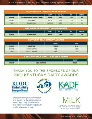 March - April 2021 • KDDC • Page 17
KDDC is supported in part by a grant from the Kentucky Agricultural Development Fund
THANK YOU TO THE SPONSORS OF OUR
2020 KENTUCKY DAIRY AWARDS
We appreciate your participation
and support in the recognition of
Kentucky’s dairy farm families
that work continuously to provide
quality wholesome milk.
MILK
Kentucky's official state
beverage since 2005.
COUNTY RHA MILK FAT PROTEIN
WINNER RICHARD SPARROW/ FAIRDALE FARMS OWEN 32067 1212 990
SECOND HS DAIRY BUTLER 31739 1125 927
THIRD SUMNER DAIRY WARREN 31657 1111 951
2020 KENTUCKY PRODUCTION AWARDS
COUNTY RHA MILK FAT PROTEIN
WINNER H AND H DAIRY ADAIR 29647 1055 838
2020 DAIRY PROFICIENCY AWARD WINNER
COUNTY SCORE
WINNER ADAM PING PULASKI 62.08
SECOND WAYNE H MARTIN TODD 105.42
THIRD ROGER LAWHORN ADAIR 125
KENTUCKY MILK QUALITY AWARDS
COUNTY
WINNER DICKIE COURTNEY MASON
KENTUCKY MILK QUALITY HAULER AWARD
 