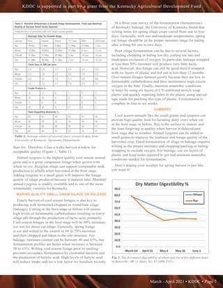 March - April 2021 • KDDC • Page 7
KDDC is supported in part by a grant from the Kentucky Agricultural Development Fund
Table 1. Relative Differences in Growth Stage Development, Yield and Nutritive
Quality of Various Small Grain Species1
Characteristics of commonly used cool season annual grasses
Average Date for Growth Stage
Species Boot Headed Bloom 1/2 Seed Milk Soft Dough
Rye 29-Apr 2-May 9-May 17-May 23-May 1-Jun
Wheat 13-May 19-May 23-May 31-May 6-Jun 11-Jun
Triticale 15-May 21-May 26-May 3-Jun 10-Jun 14-Jun
Oat 21-May 28-May 31-May 5-Jun 12-Jun 16-Jun
Yield Tons of DM per acre
Rye 2.5 2.8 3.2 3.5 3.9 3.9
Wheat 2.5 2.8 3.5 3.5 3.9 4.2
Triticale 2.8 3.5 3.9 4.2 4.6 4.6
Oat 1.4 1.8 2.1 2.8 2.8 3.2
Crude Protein %
Rye 13 11 9 7 6 5
Wheat 10 10 8 9 7 6
Triticale 11 9 8 7 6 5
Oat 12 10 9 9 8 7
Total Digestible Nutrients %
Rye 63 52 46 45 47 50
Wheat 60 59 53 54 56 56
Triticale 56 46 46 45 50 52
Oat 65 60 53 53 56 57
Table 1. Average values of several years' research data from
University of Kentucky, Agronomy Department.
than rye. Therefore it has a wider harvest window for
acceptable quality (Figure 1, Table 1).
Annual ryegrass is the highest quality cool season annual
grass and is a great companion forage when grown with
wheat or rye. Ryegrass silage can support comparable milk
production to alfalfa when harvested at the boot stage.
Adding ryegrass to a small grain will improve the forage
quality of silage produced because it matures later. Marshall
annual ryegrass is readily available and is one of the more
winterhardy varieties for Kentucky.
MAKING QUALITY SMALL GRAIN SILAGE OR BALEAGE
Timely harvest of cool season forages is also key to
producing well fermented chopped or round bale silage
(baleage). Cutting at the boot stage or before will ensure
high levels of fermentable carbohydrates resulting in lower
silage pH through the production of lactic acid, primarily.
Cool season forages in the boot stage will be 80% moisture,
too wet for direct cut silage. Generally, spring forage
is cut and wilted in the swatch to 60 to 70% moisture
and then chopped and taken to the silo structure. For
baleage, moisture content can be between 40 and 65%, but
fermentation profiles are better when moisture is between
50 to 65%. Wilting cool season forage prior to ensiling
prevents secondary fermentation by clostridial bacteria and
the production of butyric acid. High levels of butyric acid
will reduce intake and are a risk factor for botulism toxicity.
In a three year survey of the fermentation characteristics
of Kentucky baleage, the University of Kentucky found that
wilting times for spring silage crops varied from one to four
days. Generally, with sun and moderate temperatures, spring
cut forage should be in the proper moisture range for baling
after wilting for one to two days.
Poor silage fermentation can be due to several factors,
including chopping or baling too dry, cutting too late and
inadequate exclusion of oxygen. In particular, baleage wrapped
at less than 50% moisture will produce very little lactic
acid. However, this forage can still be good feed if wrapped
with six layers of plastic and fed out in less than 12 months.
Over mature forages ferment poorly because they are low in
fermentable carbohydrates and their stemminess traps excess
oxygen in the bale. Finally, maintain anaerobic conditions
in bales by using six layers of UV-stabilized stretch-wrap
plastic and quickly repairing holes in the plastic using special
tape made for patching this type of plastic. Fermentation is
complete in four to six weeks.
SUMMARY
Cool season annuals like the small grains and ryegrass can
provide high quality feed for lactating dairy cows when cut
at the boot stage or before. Rye is the earliest to mature and
the least forgiving in quality when harvest is delayed past
boot stage due to weather. Annual ryegrass can be added to
small grains to improve the leafiness and forage quality of the
harvested crop. Good fermentation of silage or baleage requires
wilting to the proper moisture and chopping/packing or baling/
wrapping to exclude oxygen. For baleage, use six layers of
plastic and keep holes repaired to get and maintain anaerobic
conditions needed for fermentation.
Here’s hoping your weather for spring harvest is just like
you want it!
 
Fig. 1. The dry matter digestibility of wheat and rye at five different dates
in Batesville, AR. (J. Dairy Sci. 83:2499-2511).
 