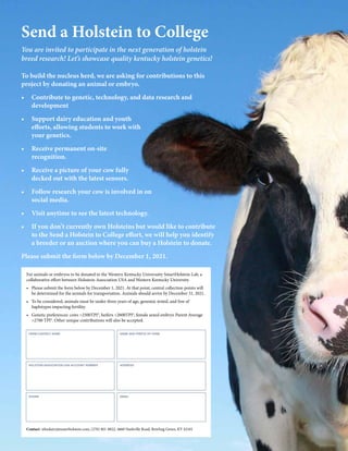 Send a Holstein to College
You are invited to participate in the next generation of holstein
breed research! Let’s showcase quality kentucky holstein genetics!
To build the nucleus herd, we are asking for contributions to this
project by donating an animal or embryo.
•	 Contribute to genetic, technology, and data research and
development
•	 Support dairy education and youth
efforts, allowing students to work with
your genetics.
•	 Receive permanent on-site
recognition.
•	 Receive a picture of your cow fully
decked out with the latest sensors.
•	 Follow research your cow is involved in on
social media.
•	 Visit anytime to see the latest technology.
•	 If you don't currently own Holsteins but would like to contribute
to the Send a Holstein to College effort, we will help you identify
a breeder or an auction where you can buy a Holstein to donate.
Please submit the form below by December 1, 2021.
For animals or embryos to be donated to the Western Kentucky Universsity SmartHolstein Lab, a
collaborative effort between Holsstein Association USA and Western Kentucky University
•	 Please submit the form below by December 1, 2021. At that point, central collection points will
be determined for the animals for transportation. Animals should arrive by December 31, 2021.
•	 To be considered, animals must be under three years of age, genomic tested, and free of
haplotypes impacting fertility.
•	 Genetic preferences: cows >2500TPI®, heifers >2600TPI®, female sexed embryo Parent Average
>2700 TPI®. Other unique contributions will also be accepted.
Contact: wkudairy@smartholstein.com, (270) 401-8822, 4660 Nashville Road, Bowling Green, KY 42101
FARM CONTACT NAME NAME AND PREFIX OF FARM
HOLSTEIN ASSOCIATION USA ACCOUNT NUMBER ADDRESS
PHONE EMAIL
 