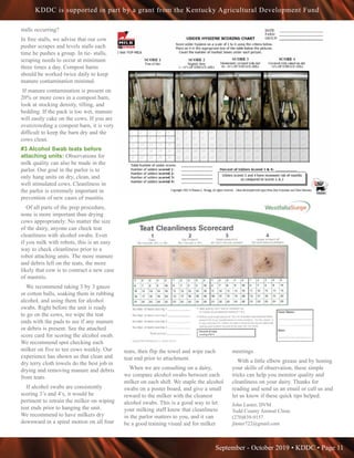 September - October 2019 • KDDC • Page 11
KDDC is supported in part by a grant from the Kentucky Agricultural Development Fund
stalls occurring?
In free stalls, we advise that our cow
pusher scrapes and levels stalls each
time he pushes a group. In tie- stalls,
scraping needs to occur at minimum
three times a day. Compost barns
should be worked twice daily to keep
manure contamination minimal.
If manure contamination is present on
20% or more cows in a compost barn,
look at stocking density, tilling, and
bedding. If the pack is too wet, manure
will easily cake on the cows. If you are
overcrowding a compost barn, it is very
difficult to keep the barn dry and the
cows clean.
#3 Alcohol Swab teats before
attaching units: Observations for
milk quality can also be made in the
parlor. Our goal in the parlor is to
only hang units on dry, clean, and
well stimulated cows. Cleanliness in
the parlor is extremely important in
prevention of new cases of mastitis.
Of all parts of the prep procedure,
none is more important than drying
cows appropriately. No matter the size
of the dairy, anyone can check teat
cleanliness with alcohol swabs. Even
if you milk with robots, this is an easy
way to check cleanliness prior to a
robot attaching units. The more manure
and debris left on the teats, the more
likely that cow is to contract a new case
of mastitis.
We recommend taking 3 by 3 gauze
or cotton balls, soaking them in rubbing
alcohol, and using them for alcohol
swabs. Right before the unit is ready
to go on the cows, we wipe the teat
ends with the pads to see if any manure
or debris is present. See the attached
score card for scoring the alcohol swab.
We recommend spot checking each
milker on five to ten cows weekly. Our
experience has shown us that clean and
dry terry cloth towels do the best job in
drying and removing manure and debris
from teats.
If alcohol swabs are consistently
scoring 3’s and 4’s, it would be
pertinent to retrain the milker on wiping
teat ends prior to hanging the unit.
We recommend to have milkers dry
downward in a spiral motion on all four
teats, then flip the towel and wipe each
teat end prior to attachment.
When we are consulting on a dairy,
we compare alcohol swabs between each
milker on each shift. We staple the alcohol
swabs on a poster board, and give a small
reward to the milker with the cleanest
alcohol swabs. This is a good way to let
your milking staff know that cleanliness
in the parlor matters to you, and it can
be a good training visual aid for milker
meetings.
With a little elbow grease and by honing
your skills of observation, these simple
tricks can help you monitor quality and
cleanliness on your dairy. Thanks for
reading and send us an email or call us and
let us know if these quick tips helped.
John Laster, DVM
Todd County Animal Clinic
(270)839-9157
jlaster722@gmail.com
 