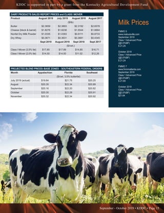 September - October 2019 • KDDC • Page 15
KDDC is supported in part by a grant from the Kentucky Agricultural Development Fund
Milk Prices
FMMO 5
www.malouisville.com
September 2019
Class 1 Advanced Price
(@3.5%BF)
$ 21.25
October 2019
Class 1 Advanced Price
(@3.5%BF)
$ 21.24
FMMO 7
www.fmmmatlanta.com
September 2019
Class 1 Advanced Price
(@3.5%BF)
$ 21.65
October 2019
Class 1 Advanced Price
(@3.5%BF)
$21.64
DAIRY PRODUCTS SALES REPORT PRICES and CLASS I MOVER
Product August 2019 July 2019 August 2018 August 2017
($/lb)
Butter $2.3659 $2.3893 $2.3192 $2.6578
Cheese (block & barrel) $1.8276 $1.8238 $1.5544 $1.6664
Nonfat Dry Milk Powder $1.0335 $1.0393 $0.8111 $0.8733
Dry Whey $0.3671 $0.3631 $0.3681 $0.4345
Sept 2019 August 2019 Sept 2018 Sept 2017
($/cwt.)
Class I Mover (3.5% fat) $17.85 $17.89 $14.85 $16.71
Class I Mover (2.0% fat) $14.00 $14.00 $11.02 $12.26
PROJECTED BLEND PRICES–BASE ZONES – SOUTHEASTERN FEDERAL ORDERS
Month Appalachian Florida Southeast
($/cwt. 3.5% butterfat)
July 2019 (actual) $19.84 $21.75 $20.25
August $20.35 $22.34 $20.89
September $20.16 $22.20 $20.82
October $20.30 $22.28 $20.91
November $20.32 $22.34 $20.92
 
