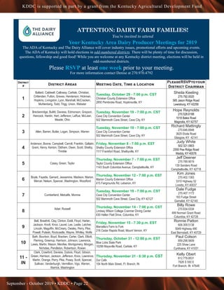 September - October 2019 • KDDC • Page 22
KDDC is supported in part by a grant from the Kentucky Agricultural Development Fund
ATTENTION: DAIRY FARM FAMILIES!
You’re invited to attend
Your Kentucky Area Dairy Producer Meetings for 2019
The ADA of Kentucky and The Dairy Alliance will cover industry issues, promotional efforts and upcoming events.
The ADA of Kentucky will hold elections in odd-numbered districts. There will be plenty of time for discussion,
questions, fellowship and good food! While you are welcome at any Kentucky district meeting, elections will be held in
odd-numbered districts.
Please RSVP at least one week prior to your meeting.
For more information contact Denise at 270.970.4792
District
# District Areas Meeting Date, Time & Location
PleaseRSVPtoyour
District Chairman
1
Ballard, Caldwell, Calloway, Carlisle, Christian,
Crittenden, Fulton, Graves, Henderson, Hickman,
Hopkins, Livingston, Lyon, Marshall, McCracken,
Muhlenberg, Todd, Trigg, Union, Webster
Tuesday, October 29 - 7:00 p.m. CST
Christian County Extension Office
2850 Pembroke Road, Hopkinsville, KY
Sheila Keeling
270.792.0020
585 Jason Ridge Road
Lewisburg, KY 42256
2
Breckenridge, Bullitt, Daviess, Edmonson, Grayson,
Hancock, Hardin, Hart, Jefferson, LaRue, McLean,
Meade, Ohio
Tuesday, November 19 - 7:00 p.m. CST
Cave City Convention Center
502 Mammoth Cave Street, Cave City, KY
Hope Reynolds
270.528.6188
1018 Bales Road
Magnolia, KY 42757
3 Allen, Barren, Butler, Logan, Simpson, Warren
Tuesday, November 19 - 7:00 p.m. CST
Cave City Convention Center
502 Mammoth Cave Street, Cave City, KY
Richard Mattingly
270.646.6948
3625 Etoila Road
Glasgow, KY 42141
4
Anderson, Boone, Campbell, Carroll, Franklin, Gallatin,
Grant, Henry, Kenton, Oldham, Owen, Scott, Shelby,
Trimble
Friday, November 8 - 7:00 p.m. EST
Shelby County Extension Office
1117 Frankfort Road, Shelbyville, KY
Judy White
502.321.0903
2550 Pea Ridge Road
Waddy, KY 40076
5 Casey, Green, Taylor
Thursday, November 7 - 7:00 p.m. EST
Taylor County Extension Office
1143 South Columbia Avenue, Campbellsville, KY
Jeff Deener
270.789.9019
139 Sanders Road
Campbellsville, KY 42718
6
Boyle, Fayette, Garrard, Jessamine, Madison, Marion,
Mercer, Nelson, Spencer, Washington, Woodford
Thursday, November 12 - 7:00 p.m. EST
Marion County Extension Office
415 Fairgrounds Rd, Lebanon, KY
Kim Jones
270.402.1383
3310 Highway 52
Loretto, KY 40037
7 Cumberland, Metcalfe, Monroe
Tuesday, November 19 - 7:00 p.m. CST
Cave City Convention Center
502 Mammoth Cave Street, Cave City, KY 42127
Dale Fudge
270.407.1173
163 Fudge Street
Gamaliel, KY 42140
8
Adair, Russell
Thursday, November 14 - 7:00 p.m. CST
Lindsey Wilson College Cranmer Dining Center
430 Hellen Flatt Drive, Columbia, KY
Billy Rowe
270.634.0334
499 Norman Grant Road
Columbia, KY 42728
9
Bell, Breathitt, Clay, Clinton, Estill, Floyd, Harlan,
Jackson, Knott, Knox, Laurel, Lee, Leslie, Letcher,
Lincoln, Magoffin, McCreary, Owsley, Perry, Pike,
Powell, Pulaski, Rockcastle, Wayne, Whitley, Wolfe
Friday, November 15 - 7:30 p.m. EST
Marcella’s Farm to Fork
216 Cedar Rapids Road, Mount Vernon, KY
Ronnie Patton
606.309.5138
5049 Highway 490
East Bernstadt, KY 40729
10
Bath, Bourbon, Boyd, Bracken, Carter, Clark, Elliott,
Fleming, Greenup, Harrison, Johnson, Lawrence,
Lewis, Martin, Mason, Menifee, Montgomery, Morgan,
Nicholas, Pendleton, Robertson, Rowan
Thursday, October 31 - 12:00 p.m. EST
Blue Licks State Park
10299 Maysville Road, Carlisle, KY
Paul Colson
859.298.5609
225 Shaw Lane
Cynthiana, KY 41031
11 -
IN
Clark, Crawford, Daviess, Dubois, Floyd, Gibson,
Green, Harrison, Jackson, Jefferson, Knox, Lawrence,
Martin, Orange, Perry, Pike, Posey, Scott, Spencer,
Sullivan, Vanderburgh, Vermillion, Vigo, Warren,
Warrick, Washington
Thursday, November 21 - 6:30 p.m. CST
Our Cafe
104 North Main Street, Ft. Branch, IN
Kelly Obert
812.779.8531
7826 S 550 E
Fort Branch, IN 47648
 