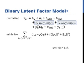 Binary Latent Factor Model+
prediction




                    Error rate ≈ 3.5%
 