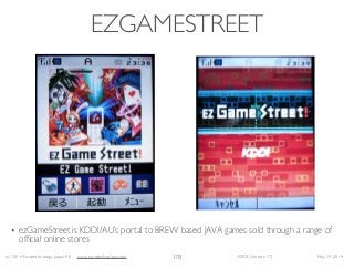 (c) 2014 Eurotechnology Japan KK www.eurotechnology.com KDDI (Version 17) May 19, 2014
EZGAMESTREET
• ezGameStreet is KDDI/AU’s portal to BREW based JAVA games sold through a range of
ofﬁcial online stores
178
 