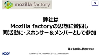2016/2/5 デバイスWebAPIコンソーシアム 第3回技術WG
5
弊社は
Mozilla factoryの思想に賛同し
同活動に・スポンサー＆メンバーとして参加
誰でも自由に参加できます
 
