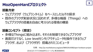 2016/2/5 デバイスWebAPIコンソーシアム 第3回技術WG
6
MozOpenHardプロジェクト
引用： http://ja.mozillafactory.org/post/98952414398/open-hardware-project
活動方針
• ウェブブラウザ（ウェブランタイム）をベースとしたIoTの探求
• 既存のブラウザ実装状況に囚われず、多様な機器（Things）への
ウェブブラウザの搭載を自由に考えられる環境の構築
活動コンセプト（想定）
• 多様なThingsに組み込まれ、それらを制御できるウェブブラウザ
• 画面だけでなく、Low levelセンサ/アクチュエータを操作できるウェブ
ブラウザ、および（ブラウザが）搭載されたコンピュータ
 