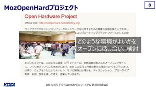 2016/2/5 デバイスWebAPIコンソーシアム 第3回技術WG
8
MozOpenHardプロジェクト
どのような環境がよいかを
オープンに話し合い、検討
 
