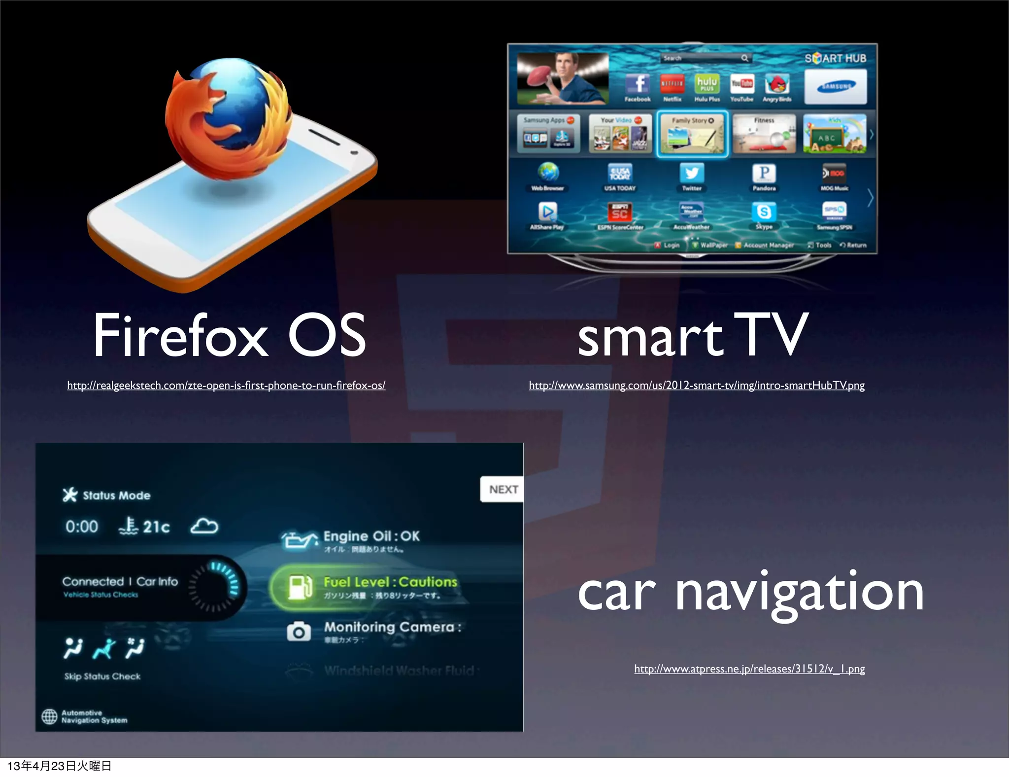 Firefox OS                                                               smart TV
      http://realgeekstech.com/zte-open-is-ﬁrst-phone-to-run-ﬁrefox-os/   http://www.samsung.com/us/2012-smart-tv/img/intro-smartHubTV.png




                                                                                   car navigation
                                                                                              http://www.atpress.ne.jp/releases/31512/v_1.png




13年4月23日火曜日
 