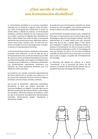 Robert Ruiz kamidedeus
25
¿Qué sucede al realizar
una fermentación alcohólica?
La fermentación alcohólica es un proceso anaeróbico
realizado por las levaduras y algunas clases de bacte-
rias. Estos microorganismos transforman el azúcar en
alcohol etílico y dióxido de carbono. La fermentación
alcohólica, comienza después de que la glucosa entra
en la celda. La glucosa se degrada para convertirse en
CO2 y etanol. Desde hace miles de años, la humanidad
aprovechó este proceso para hacer diferentes elabora-
ciones como el pan, cerveza y vino. En estos tres pro-
ductos se emplea el mismo microorganismo: la levadu-
ra común o lo Saccharomyces Cerevisae.
La fermentación de la miel da un producto comúnmente
conocido como hidromiel, el cual no deja de ser la
fermentación de la miel. La miel secompone por un 80%
de azúcar el cual es principalmente glucosa y fructosa.
Las hidromieles pueden variar según la cantidad de miel
y levaduras que empleemos. Si realizamos hidromieles
con fermentaciones espontáneas tendremos una
hidromiel de menor graduación alcohólica que si le
añadimos mieles concretas.
Las levaduras son cuerpos unicelulares (generalmente
de forma esférica) de un tamaño que ronda los 2 a 4​
μm​y que están presentes de forma natural en algunos
productos como las frutas​
, cereales y ​
verduras.
Son lo que se denominan: organismos anaeróbicos
facultativos, es decir que pueden desarrollar sus
funciones biológicas sin oxígeno. Se puede decir que el
96% de la producción de etanol la llevan a cabo ​
hongos​
microscópicos, diferentes especies de levaduras, entre
las que se encuentran principalmente ​
Saccharomyces
cerevisiae, Kluyveromyces fragilis​
, ​
Torulaspora​ y​
Zymomonas mobilis​.
Se puede ver que la fermentación alcohólica es, desde
el punto de vista energético, una reacción exotérmica​
donde se libera una cierta cantidad de energía.
La fermentación alcohólica produce gran cantidad de​
CO​
2,​que es la que provoca que el ​
cava​(al igual que el​
Champagne​y algunos vinos) tengan ​
burbujas. Este CO2​
(denominado en la edad media como ​
gas vinorum)
pesa más que el aire, y puede llegar a crear bolsas
que desplazan el oxígeno de los recipientes donde se
produce la fermentación. Por ello es necesario ventilar
bien los espacios dedicados a tal fin. En las ​
bodegas​de
vino, por ejemplo, se suele ir con una ​
vela​encendida y
colocada a la altura de la cintura, para que en el caso de
que la vela se apague, se pueda salir inmediatamente
de la bodega.
La liberación del dióxido de carbono es a veces
"tumultuosa" y da la sensación de hervir​
, de ahí
proviene el nombre de fermentación, palabra que en​
castellano​tiene por etimología​del ​
latín​​
fervere​.
 