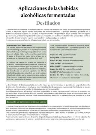 kamidedeus Robert Ruiz
56
La destilación fraccionada de alcohol etílico es una variante de la destilación simple que se emplea principalmente
cuando es necesario separar líquidos con puntos de ebullición cercanos. La principal diferencia que tiene con la
destilación simple es el uso de una columna de fraccionamiento. Esta permite un mayor contacto entre los vapores
que ascienden, junto con el líquido condensado que desciende, por la utilización de diferentes “platos”. Esto facilita el
intercambio de calor entre los vapores (que lo ceden) y los líquidos (que lo reciben).
En este caso separamos el alcohol del agua tras producir una fermentación.
Bebidas destiladas más comunes
Las bebidas destiladas son el resultado del proceso de
separación de agua y alcohol de un líquido previamente
fermentado cuya materia prima puede ser un cereal
(como la cebada, maíz o centeno), un tubérculo (como
la papa) o desechos de frutas (como el caso de la
grappa que se elabora con los hollejos de la uva).
El método de destilación puede ser industrial o
artesanal, dependiendo del volumen de producción
y de la calidad deseada para el producto final. En
cualquier caso, su objetivo es el de obtener una bebida
de alcohol puro con un nivel superior a los 40º. La
destilación puede estar secundada por un proceso de
infusión a través del cual se añaden aromas al producto
final, como en el caso de la ginebra, cuyo componente
principal y distintivo es el enebro.
Existe un gran número de bebidas destiladas desde
licores, o alcoholes puros. Aquí tenéis algunos de los
más conocidos y de donde se extraen:
Tequila (GA 60°): Agave fermentado
Pisco (GA 44°): Uva fermentada
Whisky (GA 40°): Malta de cebada fermentada
Coñac (GA 40°): Uva fermentada
Vodka (GA 40°): cereales y patata fermentada
Singani (GA 40°): Uva moscatell fermentada
Ron (GA 40°): Caña de azúcar fermentada
Ginebra (GA 40°): Cevada sin maltear fermentada,
infusionado con enebro una vez destilado
La diversificación de bebidas destiladas es mucho mayor que las fermentadas, ya que obtenias un producto similar
de diferentes fermetnaciones (muchas de ellas inbebibles) donde conservava mucho mejor. Por lo tanto se pueden
realizar un gran numero de bebidas destiladas jugando con la maduración.
A medida que se fueron refinando el control de los destilados se obligó mantener unos % mínimos de productos con
que elaborarlos, ya que obtenian alcohoes puros sin absolutamente nada de aromas de los fermentados iniciales. Por
ejemplo en estados unidos solo se le puede denominar whisky Bourbon si se ha ha obtenido de al menos un 51% de
maíz fermentado.
Graduación que obtendremos de destilar alcohol
La graduación del alcohol que obtengamos dependerá de los grados que tenga el líquido fermentado que destilamos.
Así si destilamos un líquido que tenga aproximadamente 5% de alcohol, obtendremos un liquido que tendra unos 25 o
30% de alcohol. Si destilamos un líquido de 25 % de alcohol obtendremos un destilado de uno 60 o 70%.
Estos valores son aproximados, dependen del equipo que tengamos y de la manera de proceder que usemos, lo mejor
es tener un densímetro para ver exactamente la obtención.
Para incrementar la concentración de alcohol del producto ya destilado lo que hay que hacer es volverlo a destilar. Así
aumentamos la proporción de alcohol y también disminuimos los aromas y sabores que pueda tener el orujo.
Aplicacionesdelasbebidas
alcohólicas fermentadas
Destilados
 