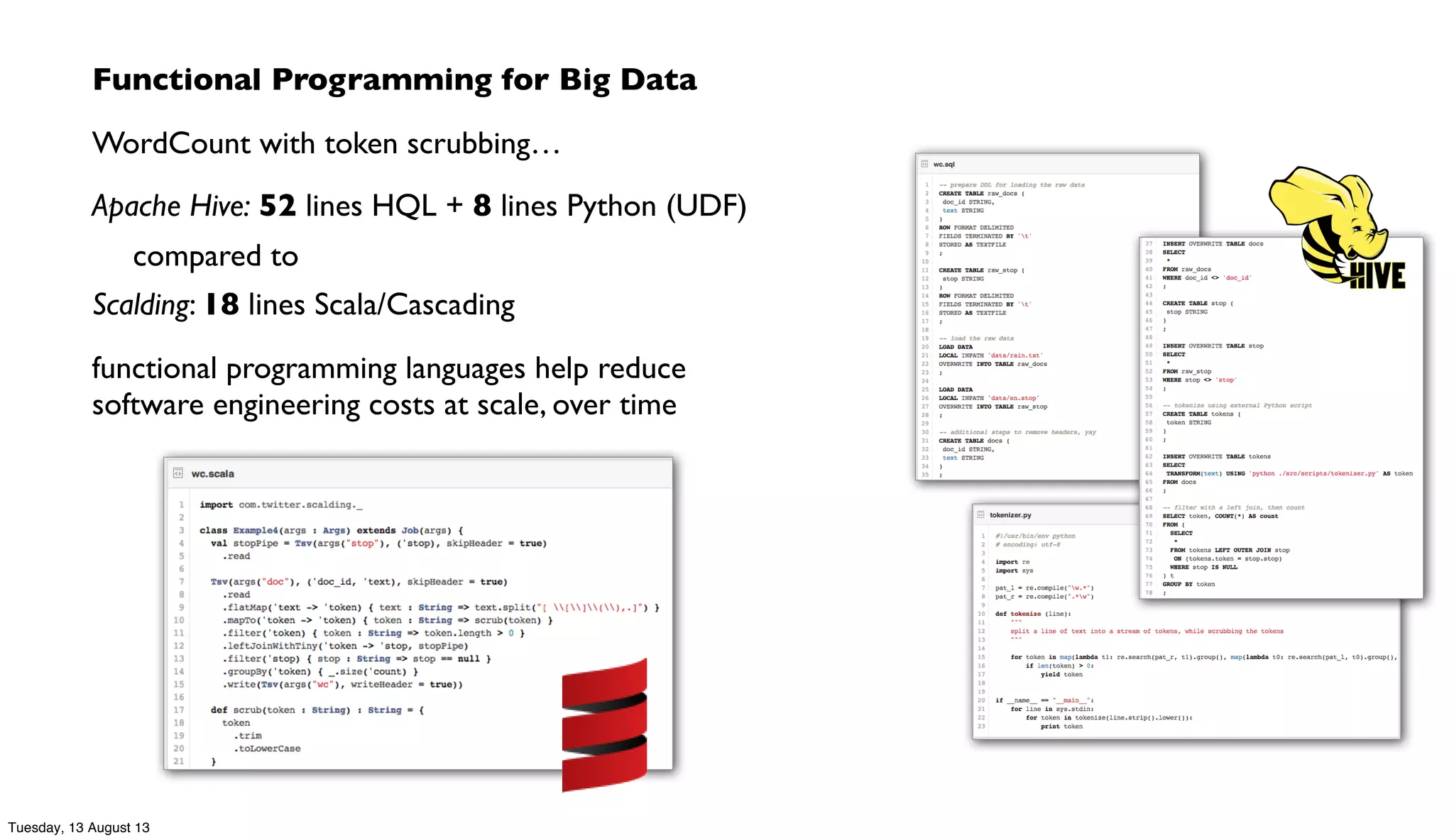 Functional Programming for Big Data
WordCount with token scrubbing…
Apache Hive: 52 lines HQL + 8 lines Python (UDF)
compared to
Scalding: 18 lines Scala/Cascading
functional programming languages help reduce
software engineering costs at scale, over time
Tuesday, 13 August 13
 