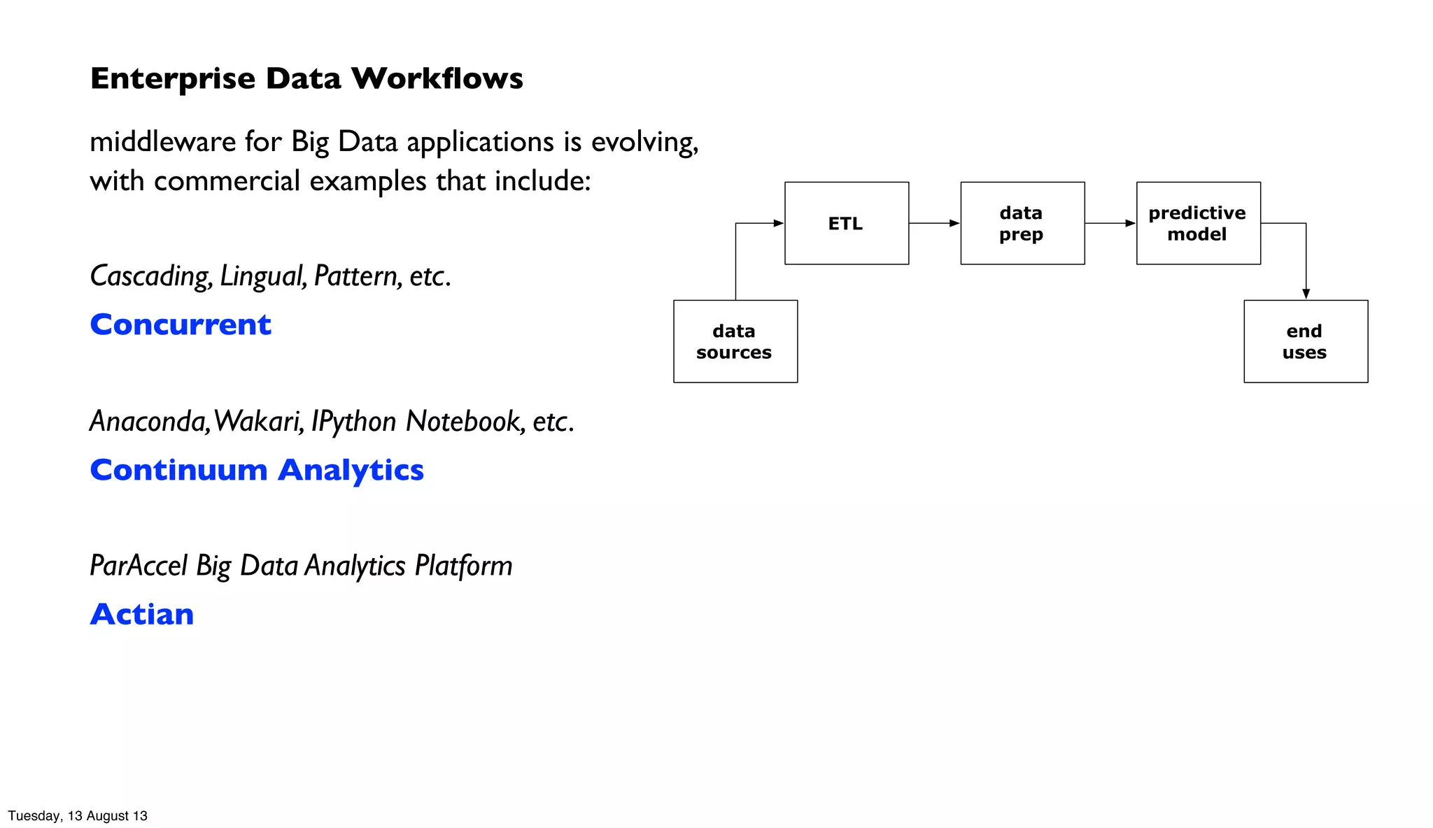 Enterprise Data Workﬂows
middleware for Big Data applications is evolving,
with commercial examples that include:
Cascading, Lingual, Pattern, etc.
Concurrent
Anaconda,Wakari, IPython Notebook, etc.
Continuum Analytics
ParAccel Big Data Analytics Platform
Actian
ETL
data
prep
predictive
model
data
sources
end
uses
Tuesday, 13 August 13
 
