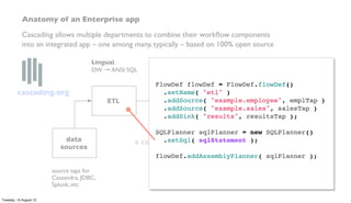 a compiler sees it all…
ETL
data
prep
predictive
model
data
sources
end
uses
Lingual:
DW → ANSI SQL
Pattern:
SAS, R, etc. → PMML
business logic in Java,
Clojure, Scala, etc.
sink taps for
Memcached, HBase,
MongoDB, etc.
source taps for
Cassandra, JDBC,
Splunk, etc.
Anatomy of an Enterprise app
Cascading allows multiple departments to combine their workﬂow components
into an integrated app – one among many, typically – based on 100% open source
FlowDef flowDef = FlowDef.flowDef()
.setName( "etl" )
.addSource( "example.employee", emplTap )
.addSource( "example.sales", salesTap )
.addSink( "results", resultsTap );
 
SQLPlanner sqlPlanner = new SQLPlanner()
.setSql( sqlStatement );
 
flowDef.addAssemblyPlanner( sqlPlanner );
cascading.org
Tuesday, 13 August 13
 