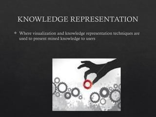 KNOWLEDGE REPRESENTATION
 Where visualization and knowledge representation techniques are
used to present mined knowledge to users
 