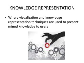 KNOWLEDGE REPRESENTATION
• Where visualization and knowledge
representation techniques are used to present
mined knowledge to users

 