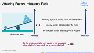 Affecting Factor: Imbalance Ratio
KDD Tutorial / © 2020 IBM Corporation
Imbalance Ratio
Learning algorithm biased towards majority class
Minority sample considered as the noise
In confusion region, priorities given to majority
Increase Increase
➔ ➔
Is the imbalance ratio only cause of performance
degradation in learning from imbalanced data? NO
➔
Source: . https://towardsdatascience.com/sampling-techniques-for-extremely-imbalanced-data-281cc01da0a8
[WP03]
[GBSW04]
 