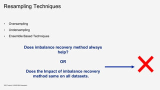 Resampling Techniques
• Oversampling
• Undersampling
• Ensemble Based Techniques
KDD Tutorial / © 2020 IBM Corporation
Does imbalance recovery method always
help?
OR
Does the Impact of imbalance recovery
method same on all datasets.
 