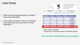 Label Noise
KDD Tutorial / © 2020 IBM Corporation
Given Label – Iris-setosa
Correct Label –Iris-virginica (based on attributes analysis)
▪ Most of the large data generated or annotated
have some noisy labels.
▪ In this metric we discuss “How one can identify
these label errors and correct them to model
data better?”.
There are atleast 100,000 label issues is ImageNet!
Source: https://l7.curtisnorthcutt.com/confident-learning
 