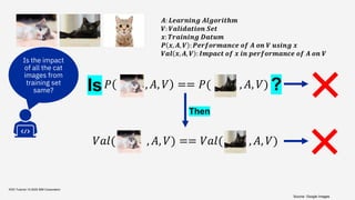 KDD Tutorial / © 2020 IBM Corporation
Is the impact
of all the cat
images from
training set
same?
𝑃 , 𝐴, 𝑉 == 𝑃( , 𝐴, 𝑉)
𝑨: 𝑳𝒆𝒂𝒓𝒏𝒊𝒏𝒈 𝑨𝒍𝒈𝒐𝒓𝒊𝒕𝒉𝒎
𝑽: 𝑽𝒂𝒍𝒊𝒅𝒂𝒕𝒊𝒐𝒏 𝑺𝒆𝒕
𝒙: 𝑻𝒓𝒂𝒊𝒏𝒊𝒏𝒈 𝑫𝒂𝒕𝒖𝒎
𝑷 𝒙, 𝑨, 𝑽 : 𝑷𝒆𝒓𝒇𝒐𝒓𝒎𝒂𝒏𝒄𝒆 𝒐𝒇 𝑨 𝒐𝒏 𝑽 𝒖𝒔𝒊𝒏𝒈 𝒙
𝑽𝒂𝒍 𝒙, 𝑨, 𝑽 : 𝑰𝒎𝒑𝒂𝒄𝒕 𝒐𝒇 𝒙 𝒊𝒏 𝒑𝒆𝒓𝒇𝒐𝒓𝒎𝒂𝒏𝒄𝒆 𝒐𝒇 𝑨 𝒐𝒏 𝑽
𝑉𝑎𝑙( , 𝐴, 𝑉) == 𝑉𝑎𝑙( , 𝐴, 𝑉)
?
Is
Then
Source: Google Images
 