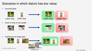 Scenarios in which datum has low value:
▪ Incorrect label
▪ Input is noisy or low quality
▪ Usefulness for target task
KDD Tutorial / © 2020 IBM Corporation
Label: Dog Label: Dog Label: Dog Label: Dog
Validation Set Source: Google Images
 