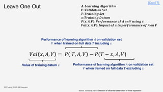 Leave One Out
KDD Tutorial / © 2020 IBM Corporation
𝑨: 𝑳𝒆𝒂𝒓𝒏𝒊𝒏𝒈 𝑨𝒍𝒈𝒐𝒓𝒊𝒕𝒉𝒎
𝑽: 𝑽𝒂𝒍𝒊𝒅𝒂𝒕𝒊𝒐𝒏 𝑺𝒆𝒕
𝑻: 𝑻𝒓𝒂𝒊𝒏𝒊𝒏𝒈 𝑺𝒆𝒕
𝒙: 𝑻𝒓𝒂𝒊𝒏𝒊𝒏𝒈 𝑫𝒂𝒕𝒖𝒎
𝑷 𝒙, 𝑨, 𝑽 : 𝑷𝒆𝒓𝒇𝒐𝒓𝒎𝒂𝒏𝒄𝒆 𝒐𝒇 𝑨 𝒐𝒏 𝑽 𝒖𝒔𝒊𝒏𝒈 𝒙
𝑽𝒂𝒍 𝒙, 𝑨, 𝑽 : 𝑰𝒎𝒑𝒂𝒄𝒕 𝒐𝒇 𝒙 𝒊𝒏 𝒑𝒆𝒓𝒇𝒐𝒓𝒎𝒂𝒏𝒄𝒆 𝒐𝒇 𝑨 𝒐𝒏 𝑽
𝑉𝑎𝑙 𝑥, 𝐴, 𝑉 = 𝑃 𝑇, 𝐴, 𝑉 − 𝑃(𝑇 − 𝑥, 𝐴, 𝑉)
Value of training datum 𝑥
Performance of learning algorithm 𝐴 on validation set
𝑉 when trained on full data 𝑻 including 𝑥
Performance of learning algorithm 𝐴 on validation set
𝑉 when trained on full data 𝑻 excluding 𝑥
[Coo77]
Source: Cook et al, 1977. Detection of influential observation in linear regression
 