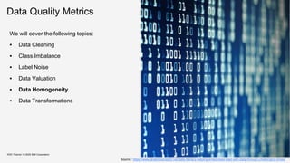 Data Quality Metrics
We will cover the following topics:
▪ Data Cleaning
▪ Class Imbalance
▪ Label Noise
▪ Data Valuation
▪ Data Homogeneity
▪ Data Transformations
KDD Tutorial / © 2020 IBM Corporation
Source: https://www.analyticsinsight.net/data-literacy-helping-enterprises-lead-with-data-through-challenging-times/
 