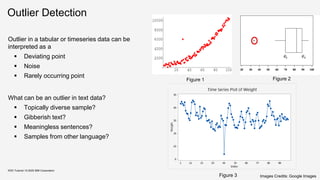 Outlier Detection
Outlier in a tabular or timeseries data can be
interpreted as a
▪ Deviating point
▪ Noise
▪ Rarely occurring point
What can be an outlier in text data?
▪ Topically diverse sample?
▪ Gibberish text?
▪ Meaningless sentences?
▪ Samples from other language?
KDD Tutorial / © 2020 IBM Corporation
Images Credits: Google Images
Figure 1 Figure 2
Figure 3
 