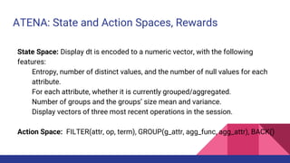 ATENA: State and Action Spaces, Rewards
State Space: Display dt is encoded to a numeric vector, with the following
features:
Entropy, number of distinct values, and the number of null values for each
attribute.
For each attribute, whether it is currently grouped/aggregated.
Number of groups and the groups’ size mean and variance.
Display vectors of three most recent operations in the session.
Action Space: FILTER(attr, op, term), GROUP(g_attr, agg_func, agg_attr), BACK()
 