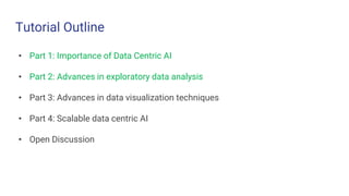 Tutorial Outline
• Part 1: Importance of Data Centric AI
• Part 2: Advances in exploratory data analysis
• Part 3: Advances in data visualization techniques
• Part 4: Scalable data centric AI
• Open Discussion
 