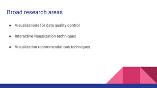 Broad research areas
● Visualizations for data quality control
● Interactive visualization techniques
● Visualization recommendations techniques
 
