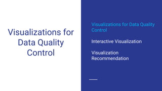 Visualizations for
Data Quality
Control
Visualizations for Data Quality
Control
Interactive Visualization
Visualization
Recommendation
 
