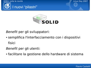 KDE4: tutte le novità                           Linux Day 2007


         I nuovi “pilastri”




  Benefit per gli sviluppatori:
  ●   semplifica l'interfacciamento con i dispositivi
      fisici
  Benefit per gli utenti:
  ●   facilitare la gestione dello hardware di sistema


                                                  Flavio Castelli
 