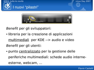 KDE4: tutte le novità                             Linux Day 2007


         I nuovi “pilastri”




  Benefit per gli sviluppatori:
  ●   libreria per la creazione di applicazioni
      multimediali per KDE --> audio e video
  Benefit per gli utenti:
  ●   punto centralizzato per la gestione delle
      periferiche multimediali: schede audio interne-
      esterne, webcam, ...
                                                    Flavio Castelli
 