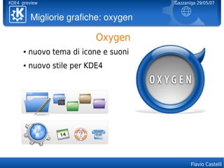 KDE4 preview                            Gazzaniga 29/05/07


          Miglioriegrafiche:oxygen

                            Oxygen
      ●   nuovo tema di icone e suoni
      ●   nuovo stile per KDE4




                                               Flavio Castelli
 