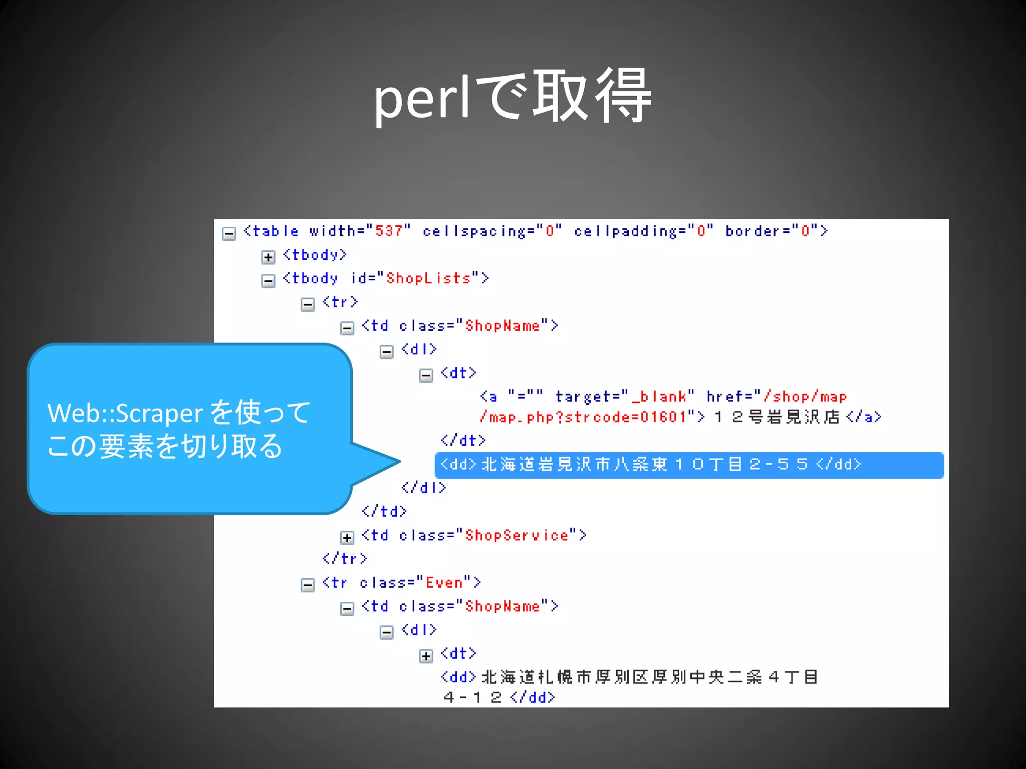 perlで取得



Web::Scraper を使って
この要素を切り取る
 