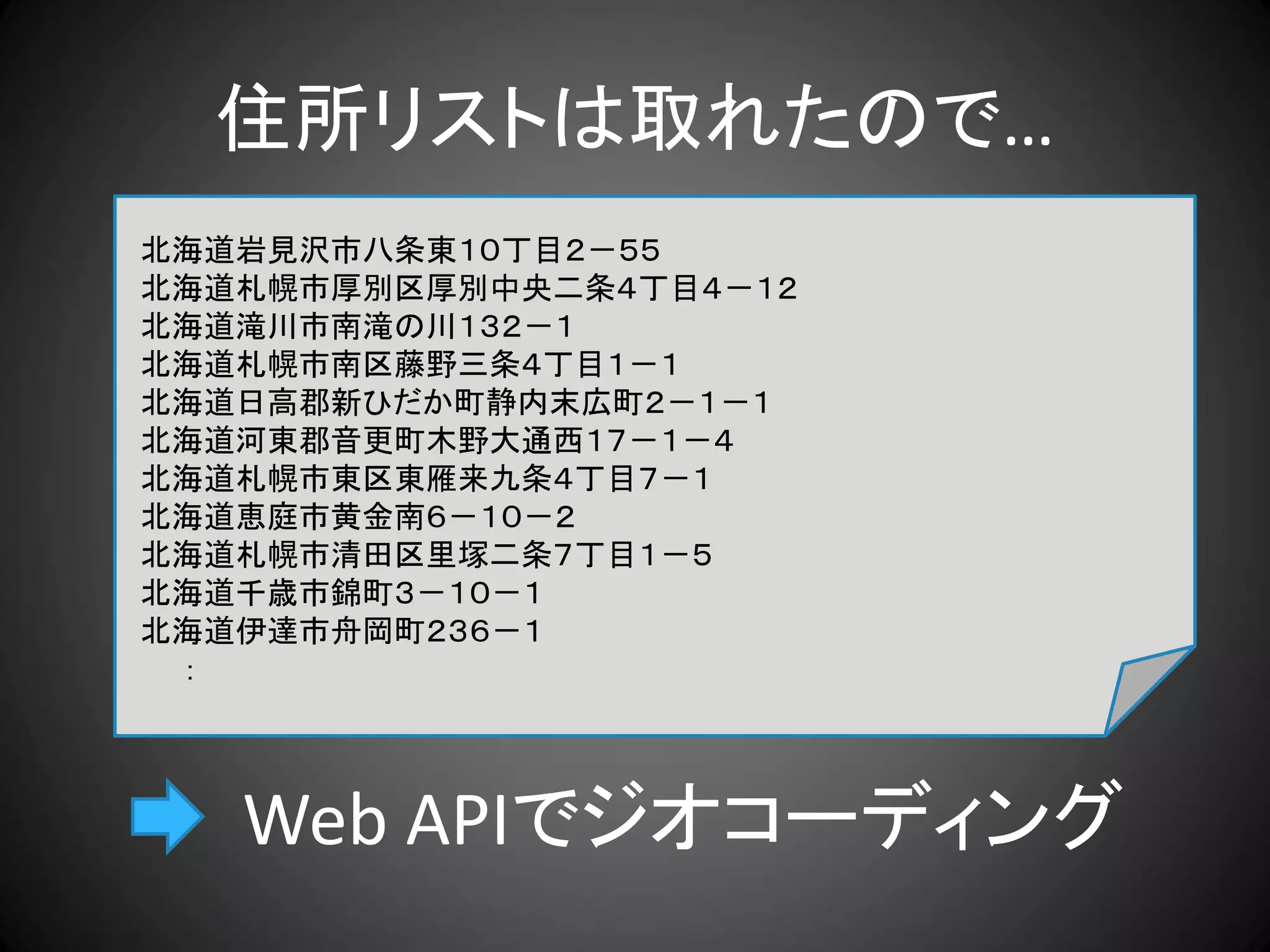 住所リストは取れたので…
北海道岩見沢市八条東１０丁目２－５５
北海道札幌市厚別区厚別中央二条４丁目４－１２
北海道滝川市南滝の川１３２－１
北海道札幌市南区藤野三条４丁目１－１
北海道日高郡新ひだか町静内末広町２－１－１
北海道河東郡音更町木野大通西１７－１－４
北海道札幌市東区東雁来九条４丁目７－１
北海道恵庭市黄金南６－１０－２
北海道札幌市清田区里塚二条７丁目１－５
北海道千歳市錦町３－１０－１
北海道伊達市舟岡町２３６－１
 ：




   Web APIでジオコーディング
 