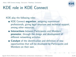 About KDE Connect strategy Description Roadmap Conclusions



KDE role in KDE Connect

     KDE play the following roles:
        KDE Connect organizer, assigning experienced
        professionals, giving legal structure and technical support,
        among other resources.
        Interactions between Participants and Members
        promoter, through the design and development of
        diﬀerent networking activites.
        Catalyst of the identiﬁcation and deﬁnition of new
        opportunities that will be developed by Participants and
        Members on their own.


Agust´ Benito Bethencourt ( @kdeconnect #kdeconnect #akademyes ) — KDE Connect
     ın                                                                          23/40
 
