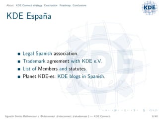 About KDE Connect strategy Description Roadmap Conclusions



KDE Espa˜a
        n



             Legal Spanish association.
             Trademark agreement with KDE e.V.
             List of Members and statutes.
             Planet KDE-es: KDE blogs in Spanish.




Agust´ Benito Bethencourt ( @kdeconnect #kdeconnect #akademyes ) — KDE Connect
     ın                                                                          9/40
 