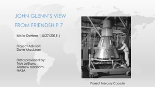 Kristie DeHeer | 5/27/2015 |
Project Advisor:
Dave MacLean
Data provided by:
Trish LeBlanc
Andrew Hannam
NASA
JOHN GLENN’S VIEW
FROM FRIENDSHIP 7
Project Mercury Capsule
 