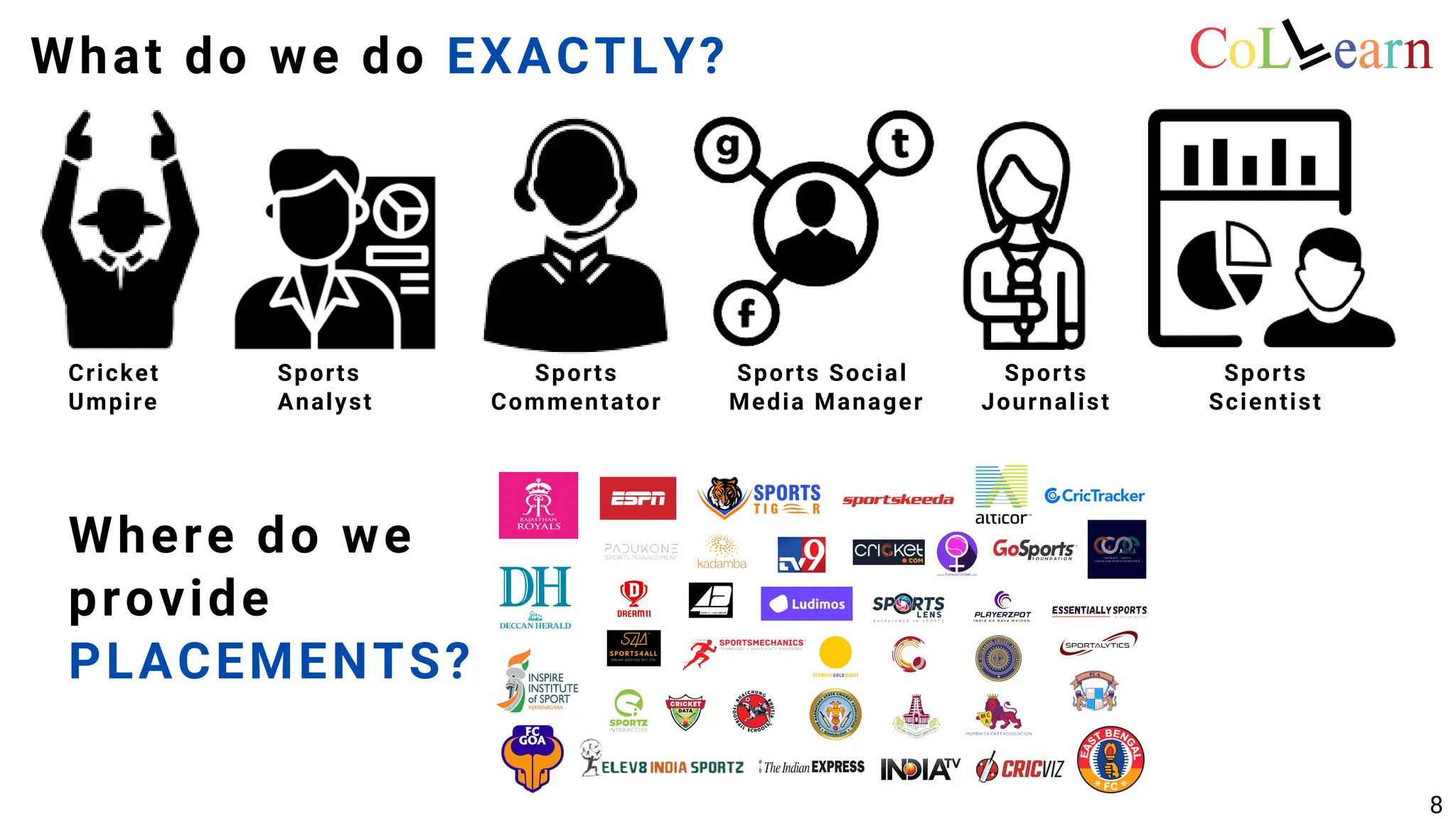 Cricket
Umpire
Sports
Analyst
Sports
Commentator
Sports Social
Media Manager
Sports
Journalist
Sports
Scientist
What do we do EXACTLY?
Where do we
provide
PLACEMENTS?
8
 