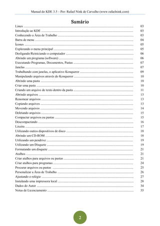 Manual do KDE 3.5 – Por: Rafael Nink de Carvalho (www.rafaelnink.com) 


                                                                  Sumár io 
Linux ........................................................................................................................................    03 
Introdução ao KDE ..................................................................................................................              03 
Conhecendo a Área de Trabalho ..............................................................................................                      03 
Barra de menu ..........................................................................................................................          04 
Ícones .......................................................................................................................................    05 
Explorando o menu principal ...................................................................................................                   05 
Desligando/Reiniciando o computador ....................................................................................                          06 
Abrindo um programa (software) ............................................................................................                       06 
Executando Programas, Documentos, Pastas ..........................................................................                               07 
Janelas ......................................................................................................................................    07 
Trabalhando com janelas, o aplicativo Konqueror ..................................................................                                09 
Manipulando arquivos através do Konqueror ..........................................................................                              10 
Abrindo uma pasta ...................................................................................................................             10 
Criar uma pasta ........................................................................................................................          10 
Criando um arquivo de texto dentro da pasta ..........................................................................                            11 
Abrindo arquivos .....................................................................................................................            13 
Renomear arquivos ..................................................................................................................              13 
Copiando arquivos ...................................................................................................................             13 
Movendo arquivos ...................................................................................................................              14 
Deletando arquivos ..................................................................................................................             15 
Compactar arquivos ou pastas ................................................................................................                     15 
Descompactando ......................................................................................................................             16 
Lixeira ......................................................................................................................................    17 
Utilizando outros dispositivos de disco ...................................................................................                       18 
Abrindo um CD­ROM .............................................................................................................                   18 
Utilizando um pendrive ...........................................................................................................                19 
Utilizando um Disquete ...........................................................................................................                19 
Formatando um disquete .........................................................................................................                  21 
Atalhos .....................................................................................................................................     21 
Criar atalhos para arquivos ou pastas .......................................................................................                     21 
Criar atalhos para programas ...................................................................................................                  24 
Procurar arquivos ou pastas  ....................................................................................................                 25 
Personalizar a Área de Trabalho ..............................................................................................                    26 
Ajustando o relógio ..................................................................................................................            27 
Instalando uma impressora local ..............................................................................................                    28 
Dados do Autor ........................................................................................................................           34 
Notas de Licenciamento ...........................................................................................................                35




                                                                            2 
 