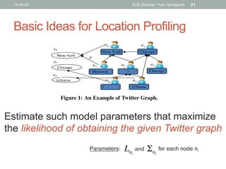 Basic Ideas for Location Profiling	
13/04/24 KDE Seminar: Yuto Yamaguchi 21
Estimate such model parameters that maximize
t...